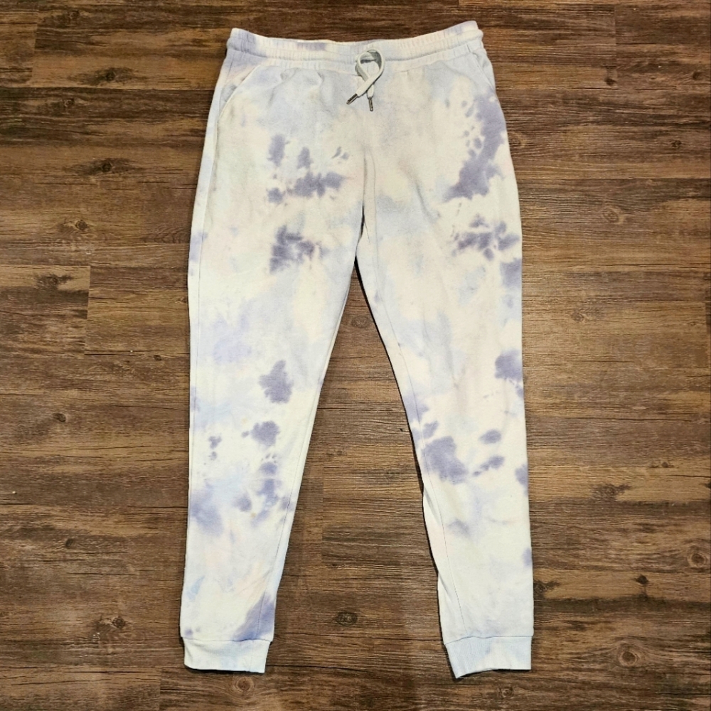 White and lavender tie dyed joggers